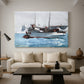 Canvas art print featuring a composition showing exchange of goods between boats, displayed in a spacious living room