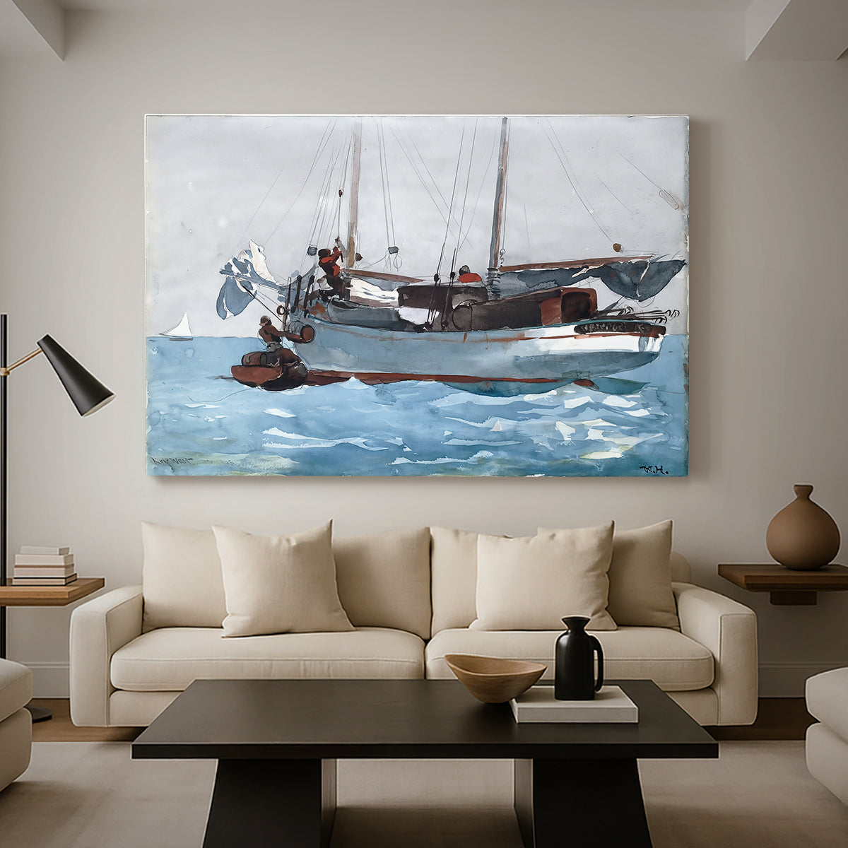 Canvas art print featuring a composition showing exchange of goods between boats, displayed in a spacious living room