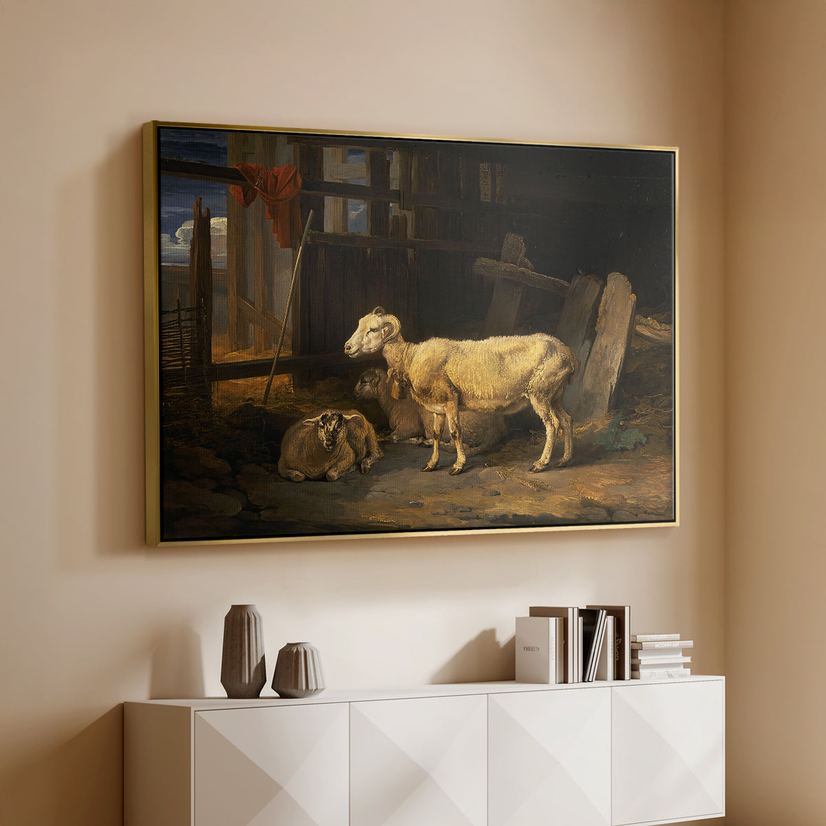 Sheep in a Stable, 1810 - Floater Framed Canvas Print