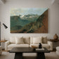 Canvas art print featuring a realist mountain composition with atmospheric depth, displayed in a spacious living room