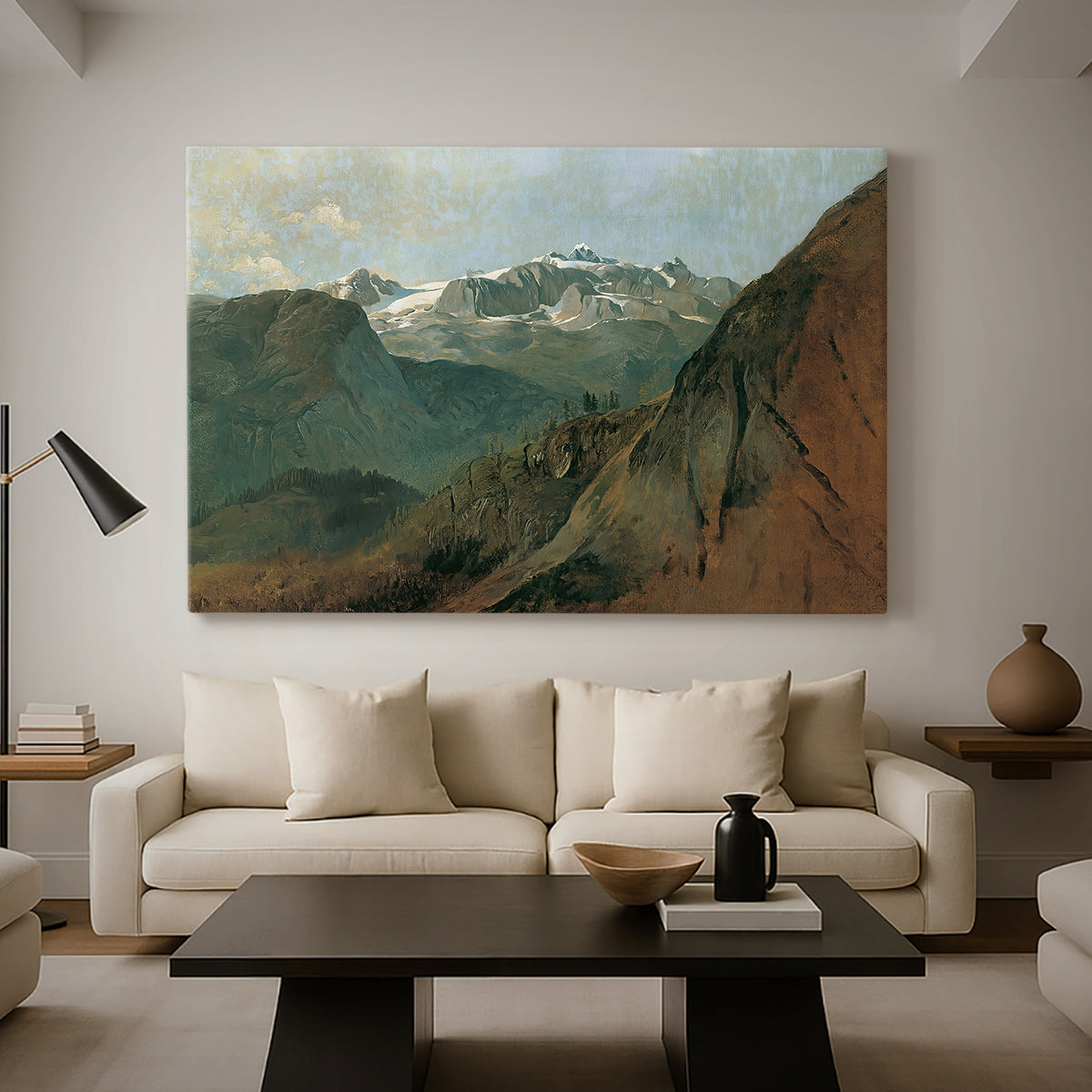 Canvas art print featuring a realist mountain composition with atmospheric depth, displayed in a spacious living room
