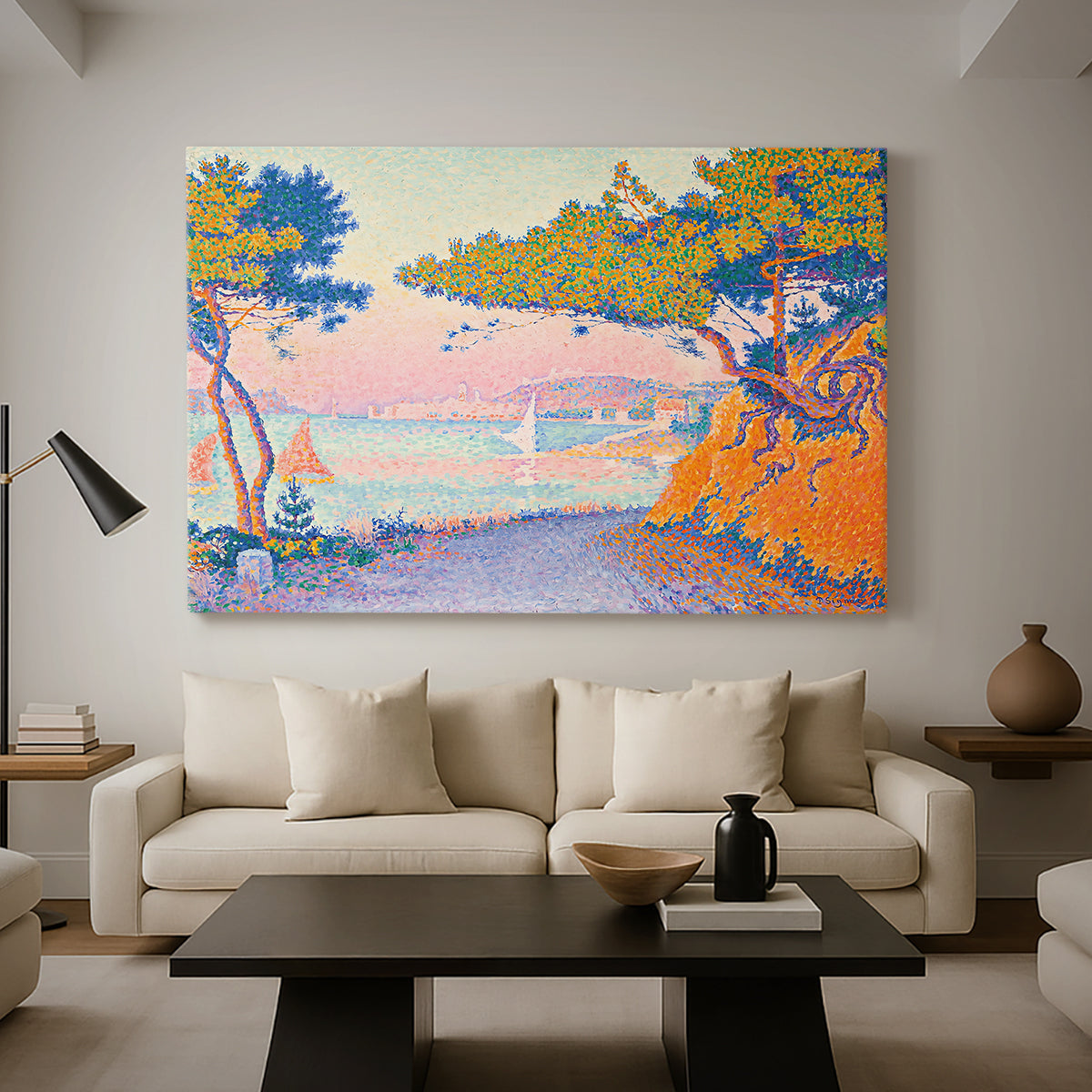 Canvas art print featuring a landscape with shoreline and open horizon, displayed in a spacious living room