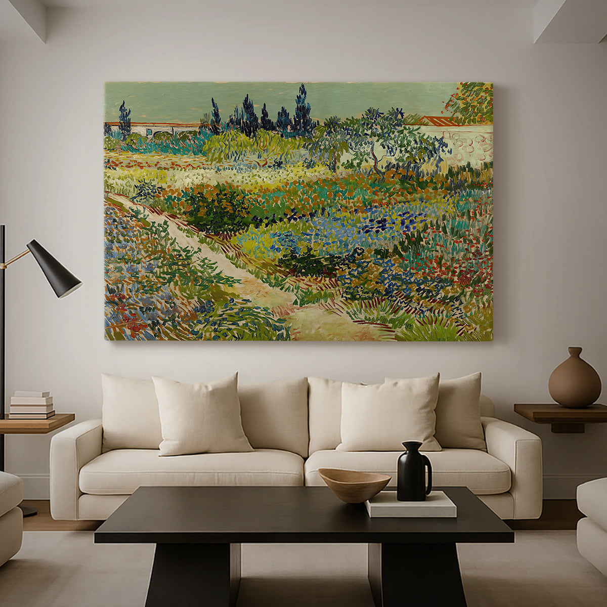 Canvas art print featuring a post-impressionist garden composition with layered greenery, displayed in a spacious living room