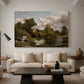 Canvas art print featuring an expressive landscape featuring animal near water, displayed in a spacious living room