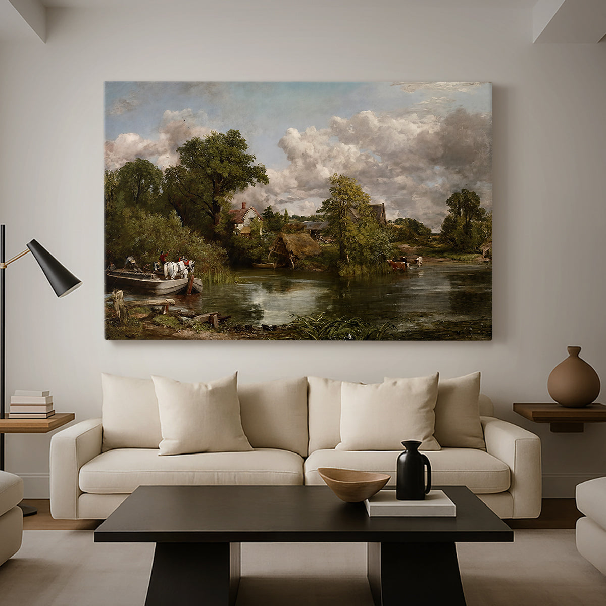 Canvas art print featuring an expressive landscape featuring animal near water, displayed in a spacious living room