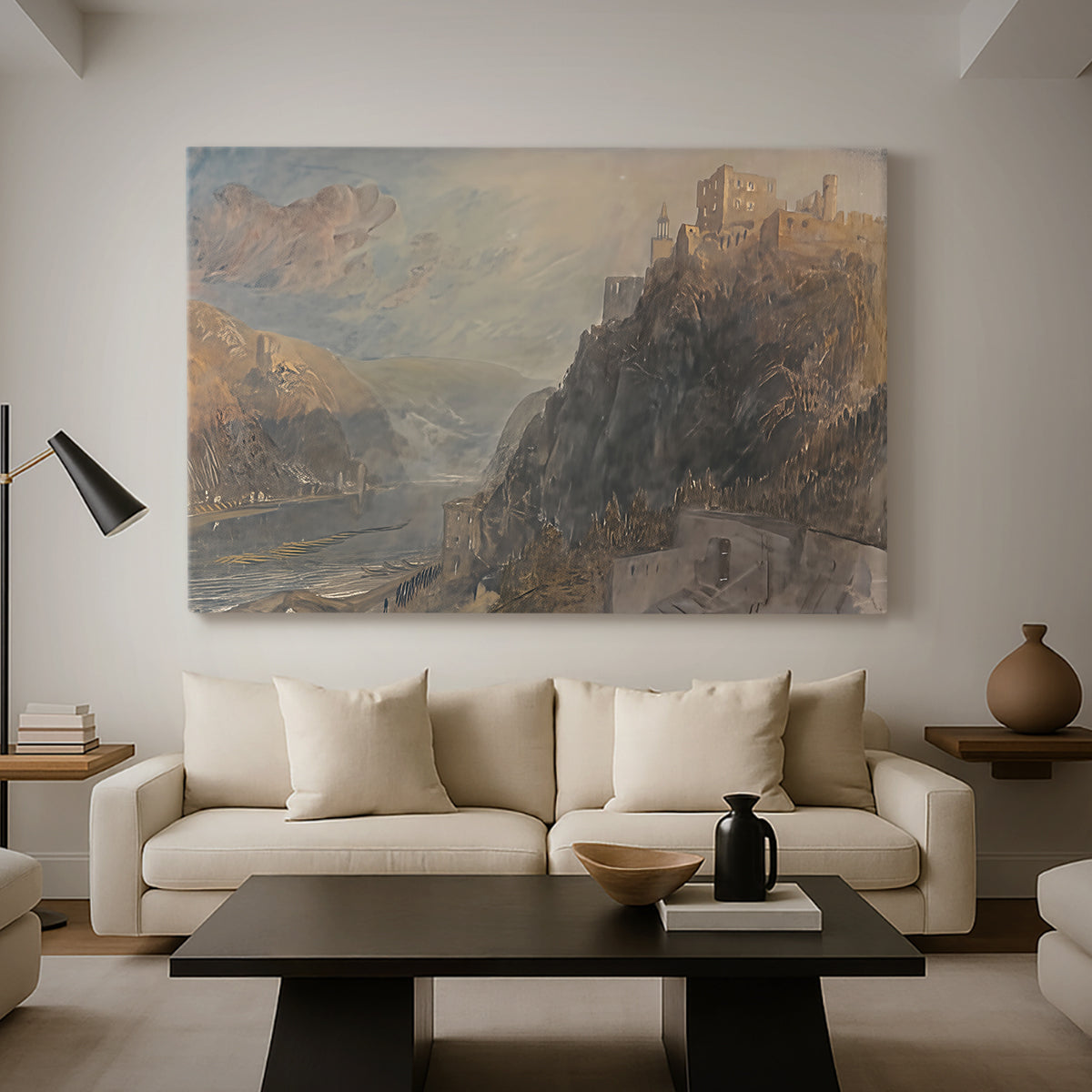 Canvas art print featuring an expressive landscape with elevation, displayed in a spacious living room