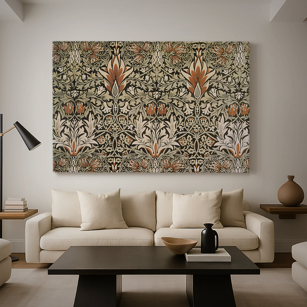 Canvas art print featuring a patterned design with alternating leaves and blossoms in muted tones, displayed in a spacious living room