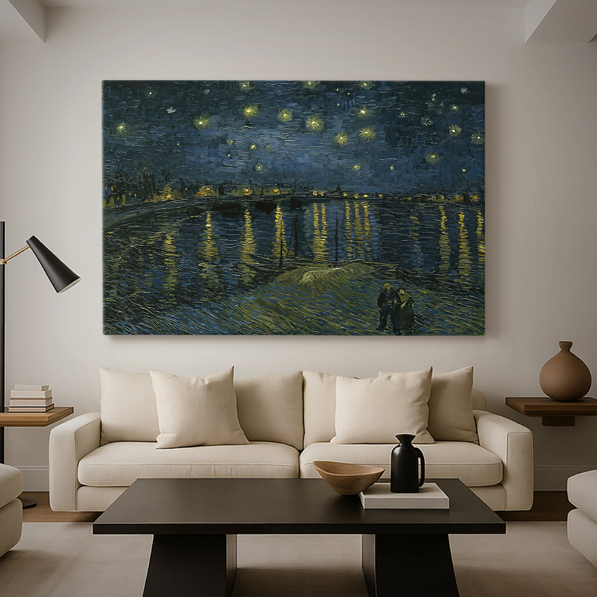Canvas art print featuring a riverside view with figures near water under star-filled sky, displayed in a spacious living room