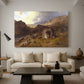 Canvas art print featuring a natural landscape with rolling terrain and distant peaks, displayed in a spacious living room