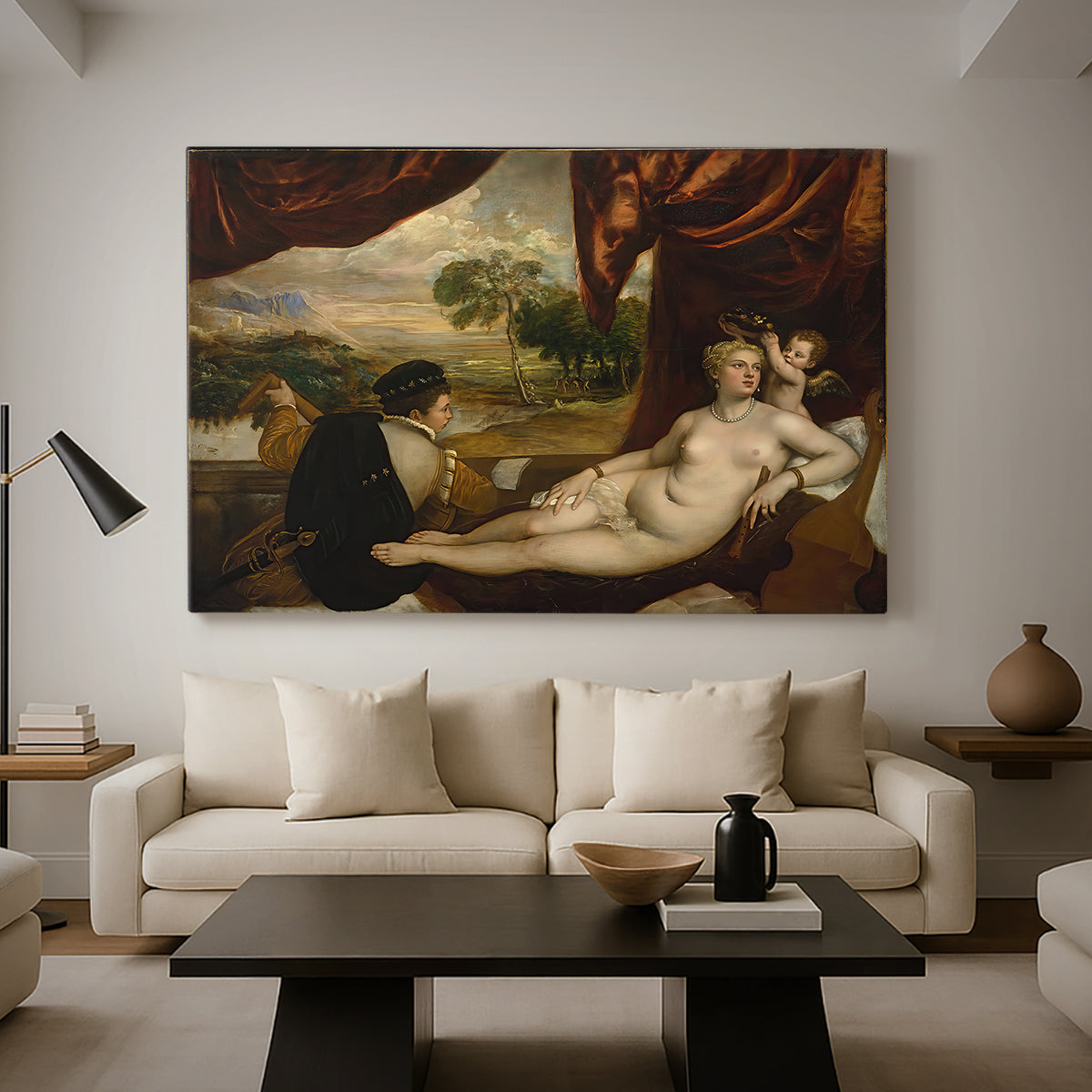 Canvas art print featuring a Renaissance composition of nude figure and lute player outdoors, displayed in a spacious living room