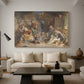 Canvas art print featuring an expressive interior composition with multiple figures, displayed in a spacious living room