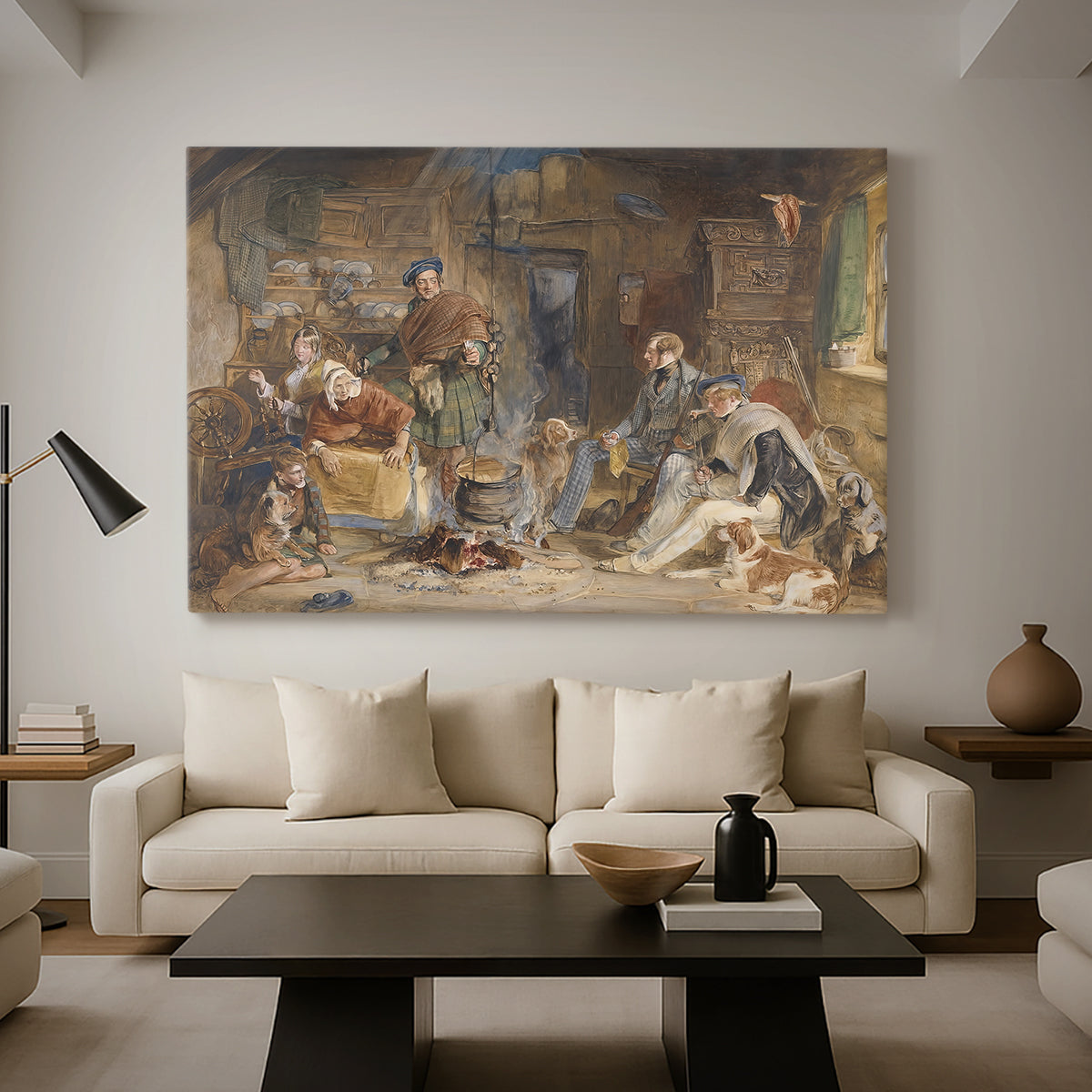 Canvas art print featuring an expressive interior composition with multiple figures, displayed in a spacious living room
