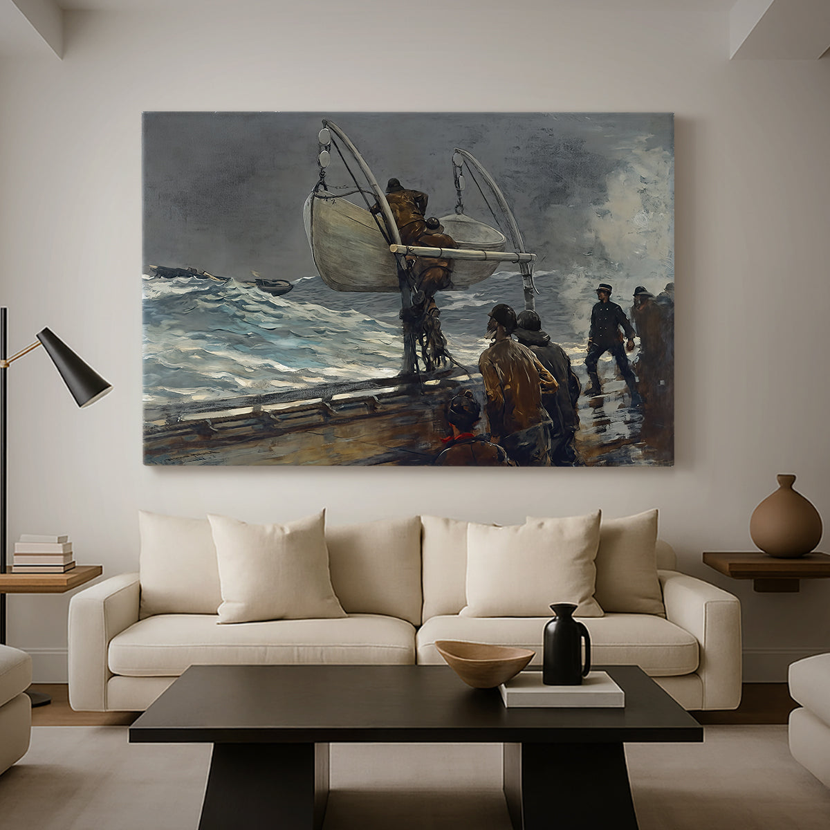 Canvas art print featuring a shoreline composition showing communication between land and sea, displayed in a spacious living room