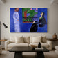 Canvas art print featuring a stylized interior portrait of two people in dialogue, displayed in a spacious living room