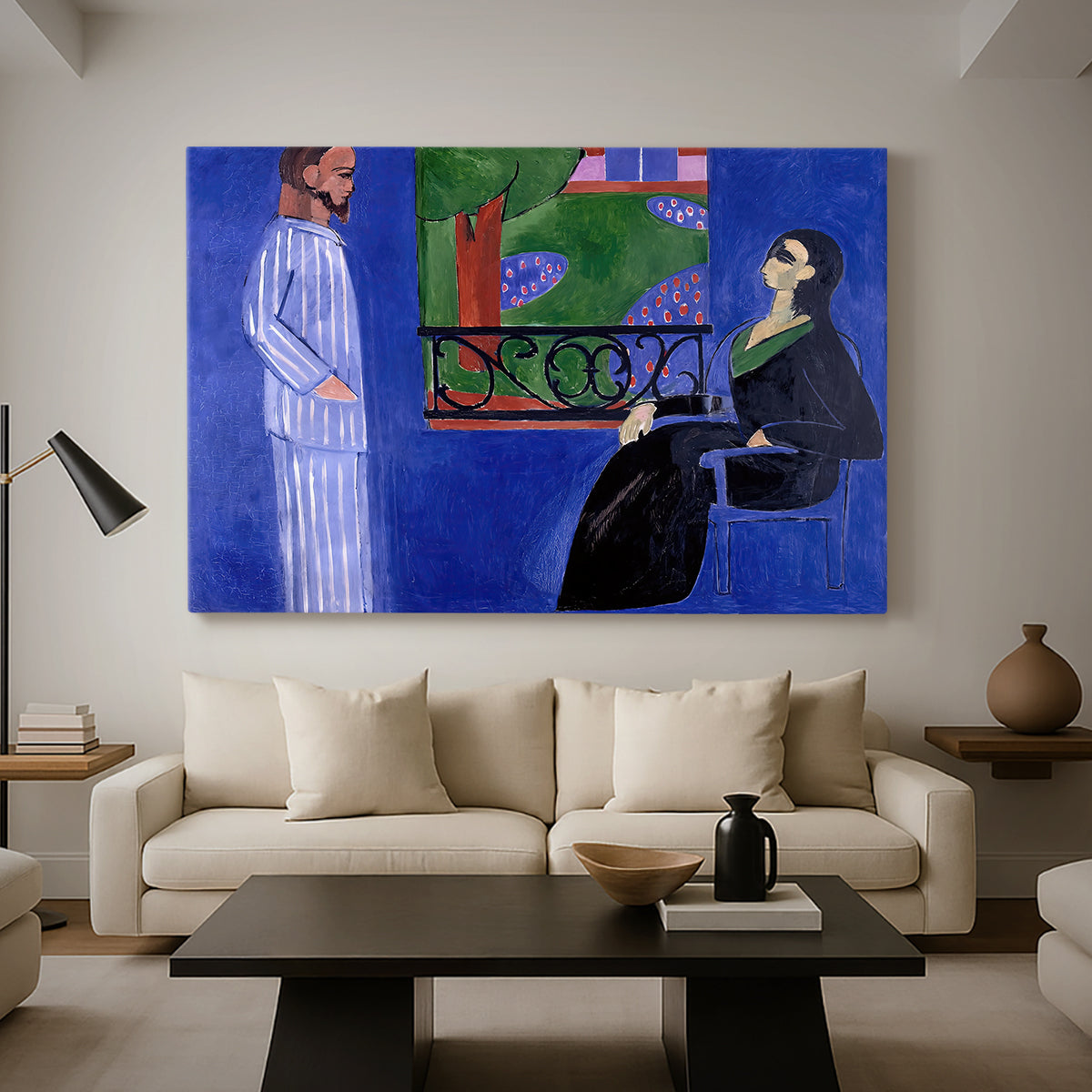 Canvas art print featuring a stylized interior portrait of two people in dialogue, displayed in a spacious living room