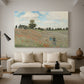 Canvas art print featuring a bright meadow filled with poppies under open sky, displayed in a spacious living room