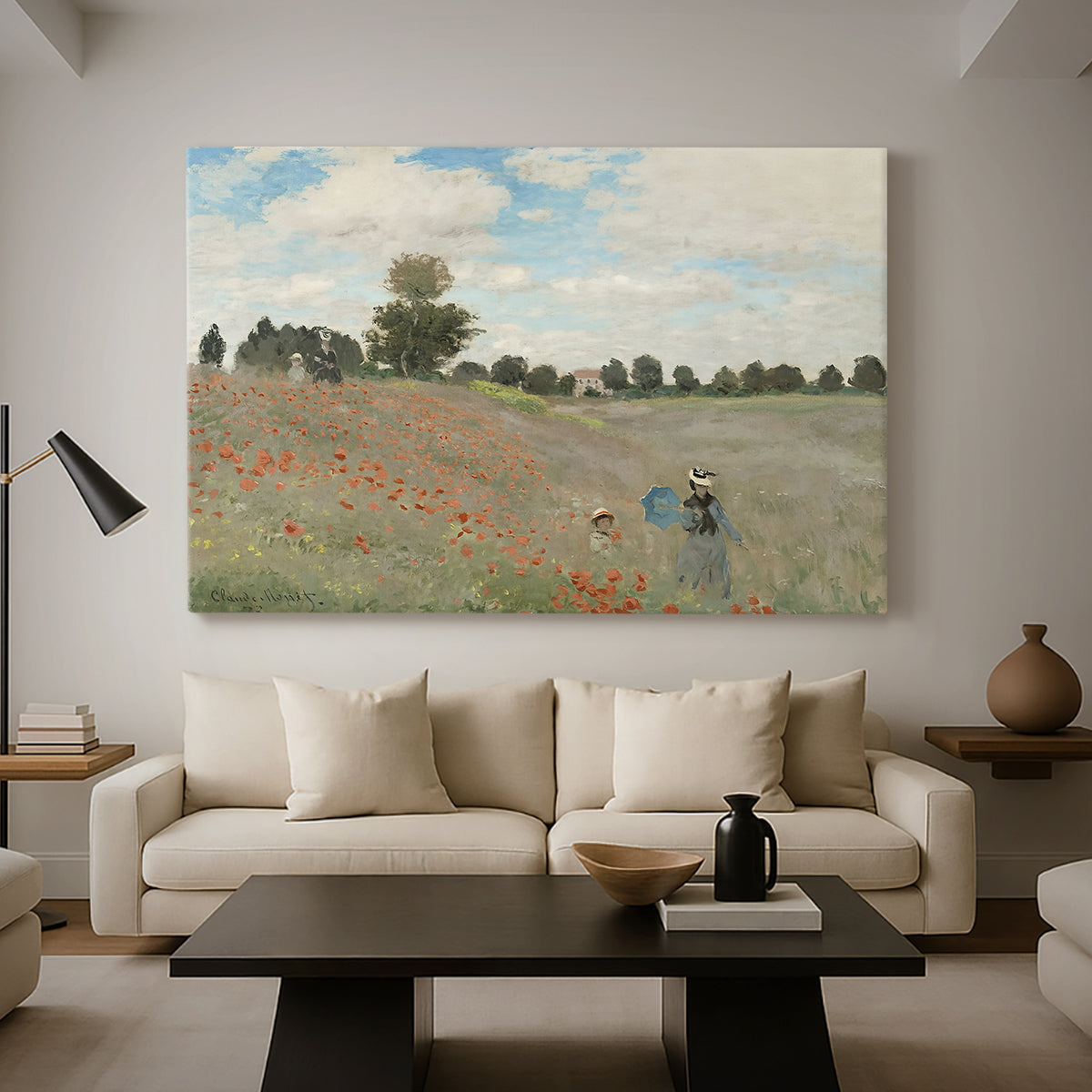 Canvas art print featuring a bright meadow filled with poppies under open sky, displayed in a spacious living room