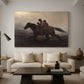 Canvas art print featuring a narrative painting of escape and urgency across rugged terrain, displayed in a spacious living room