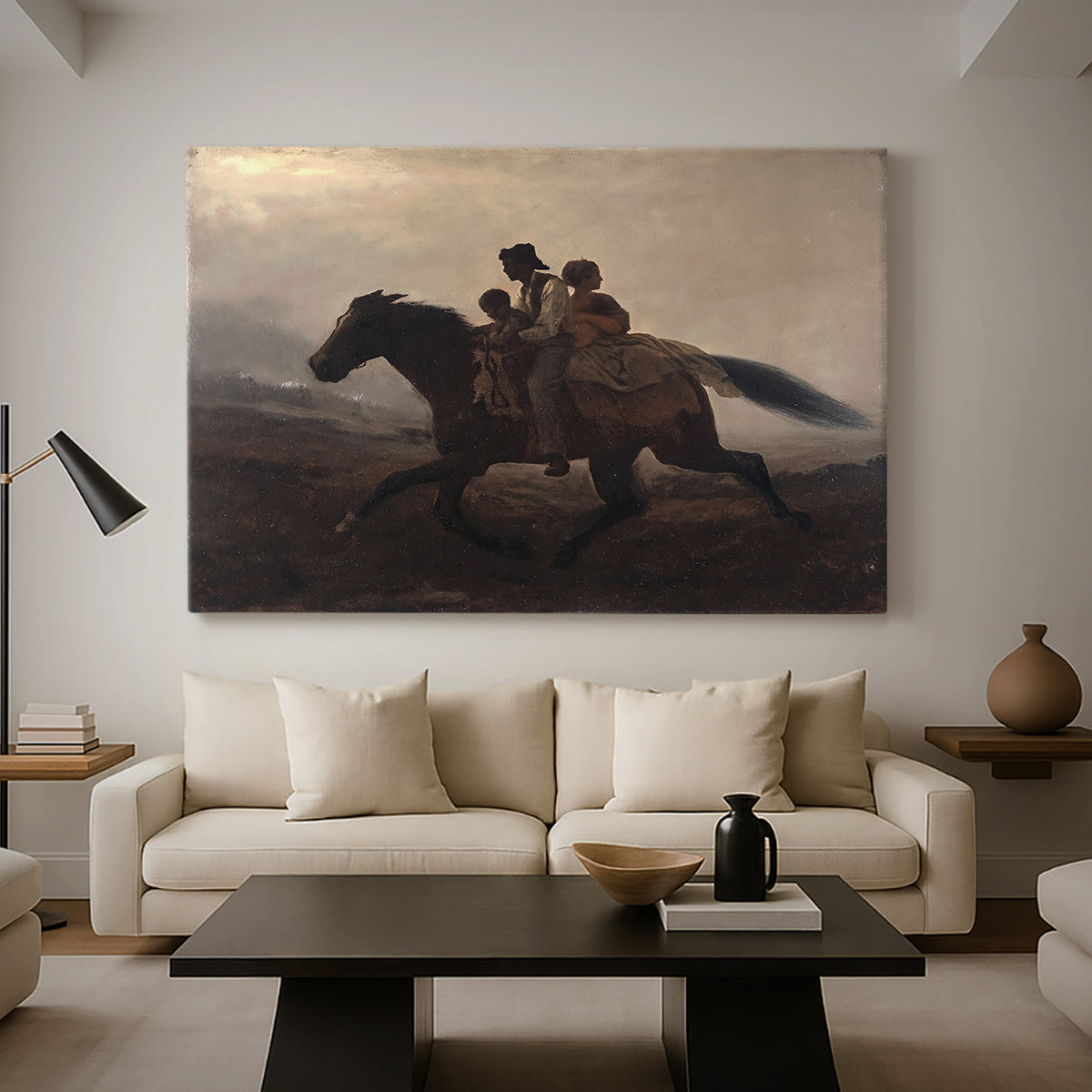 Canvas art print featuring a narrative painting of escape and urgency across rugged terrain, displayed in a spacious living room
