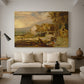 Canvas art print featuring a countryside scene with architecture and moving water, displayed in a spacious living room