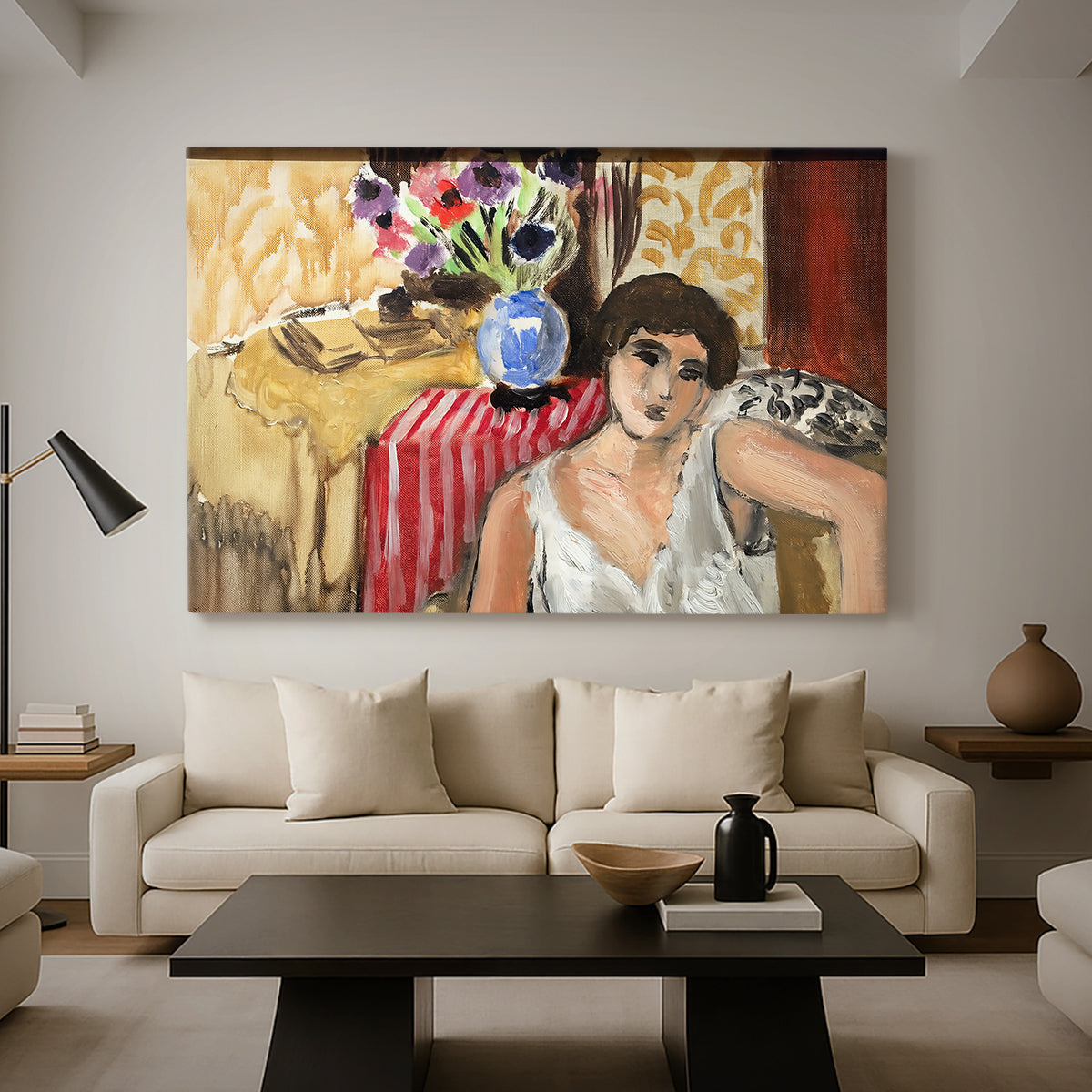 Canvas art print featuring an expressive seated figure with furnishings, displayed in a spacious living room