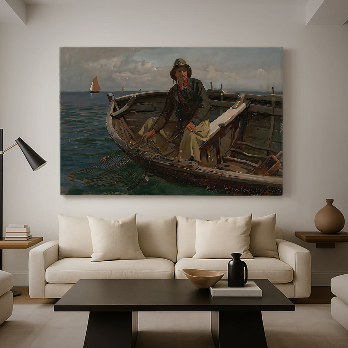 Canvas art print featuring a coastal activity with fishermen in traditional setting, displayed in a spacious living room