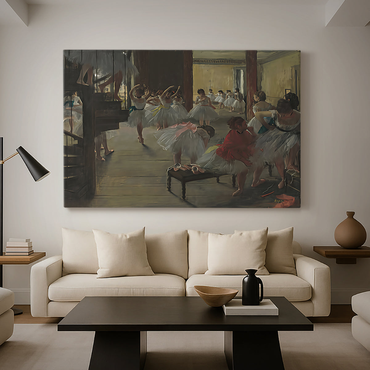 Canvas art print featuring an impressionist studio interior filled with ballet students, displayed in a spacious living room