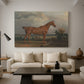 Canvas art print featuring a realistic depiction of hunter in natural setting, displayed in a spacious living room