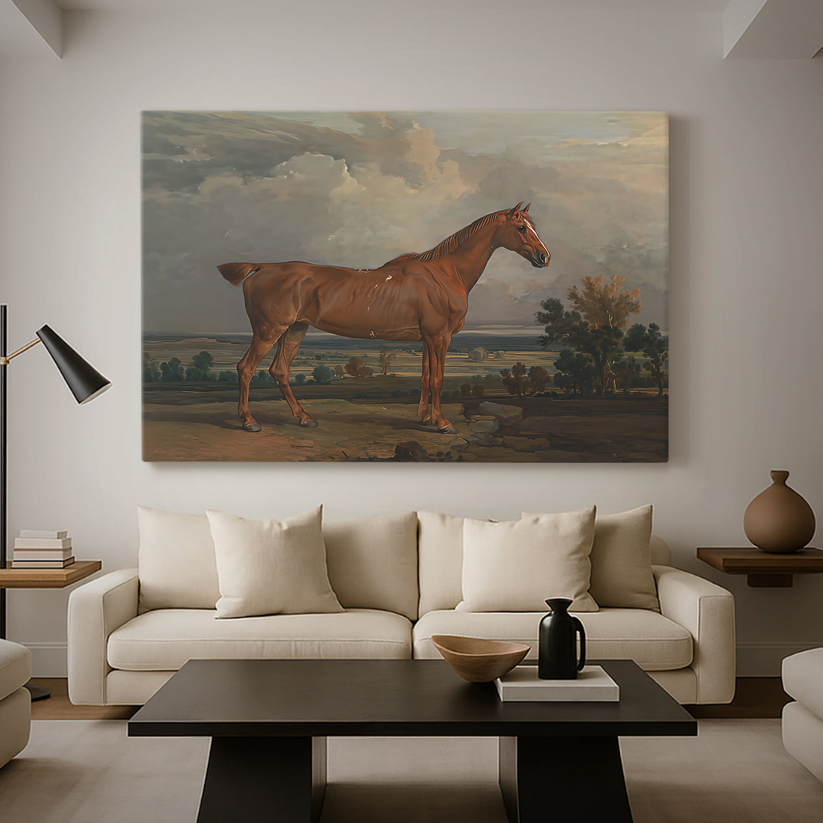 Canvas art print featuring a realistic depiction of hunter in natural setting, displayed in a spacious living room