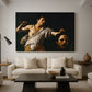 Canvas art print featuring a Baroque depiction of youth holding severed head in shadowy setting, displayed in a spacious living room
