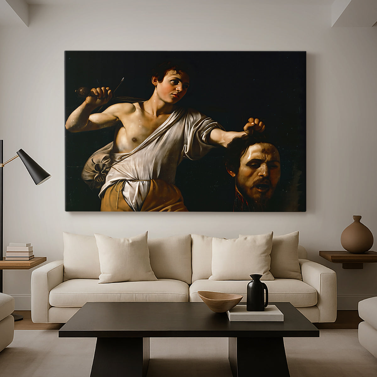 Canvas art print featuring a Baroque depiction of youth holding severed head in shadowy setting, displayed in a spacious living room