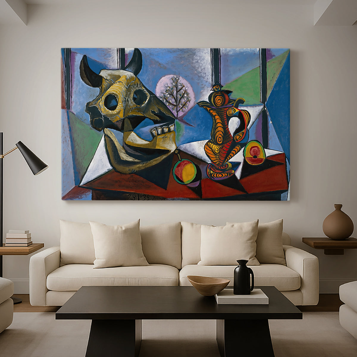 Canvas art print featuring an expressive composition with sharp planes, displayed in a spacious living room