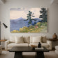 Canvas art print featuring a rustic scene showing building within forest environment, displayed in a spacious living room