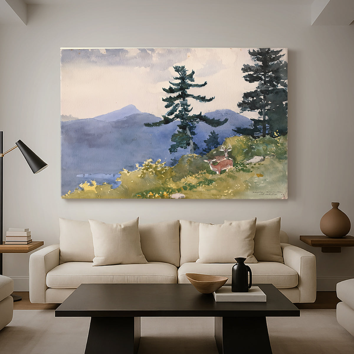 Canvas art print featuring a rustic scene showing building within forest environment, displayed in a spacious living room