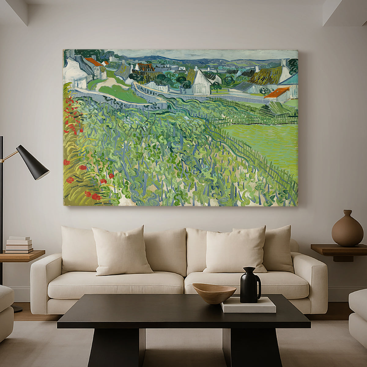 Canvas art print featuring a post-impressionist countryside composition with crops, displayed in a spacious living room
