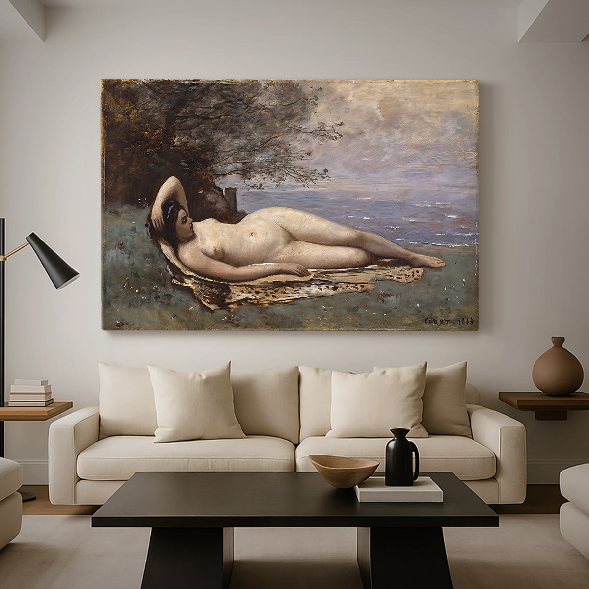 Canvas art print featuring a soft landscape with figure and sea in background, displayed in a spacious living room