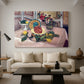 Canvas art print featuring a colorful still life with fruit and surrounding objects, displayed in a spacious living room