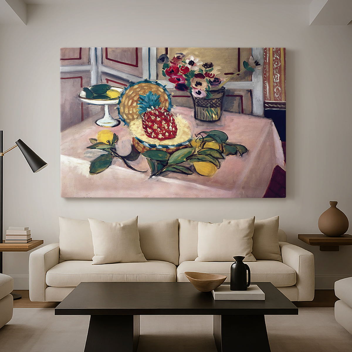 Canvas art print featuring a colorful still life with fruit and surrounding objects, displayed in a spacious living room