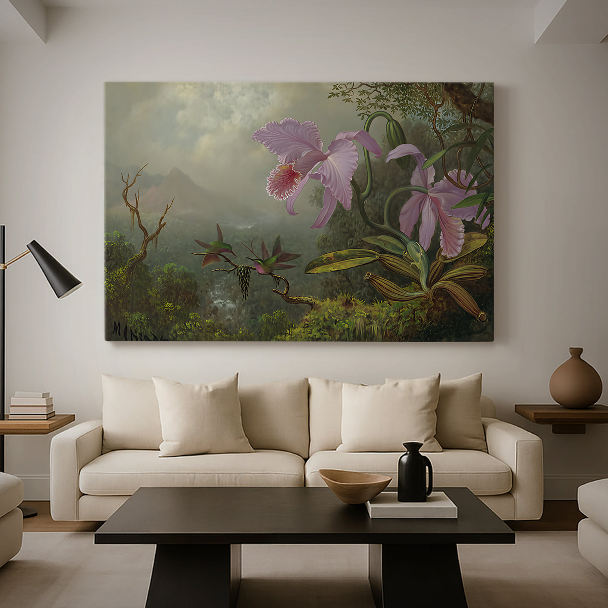 Canvas art print featuring a wildlife composition with detail, displayed in a spacious living room