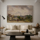 Canvas art print featuring a countryside scene with cottage, displayed in a spacious living room