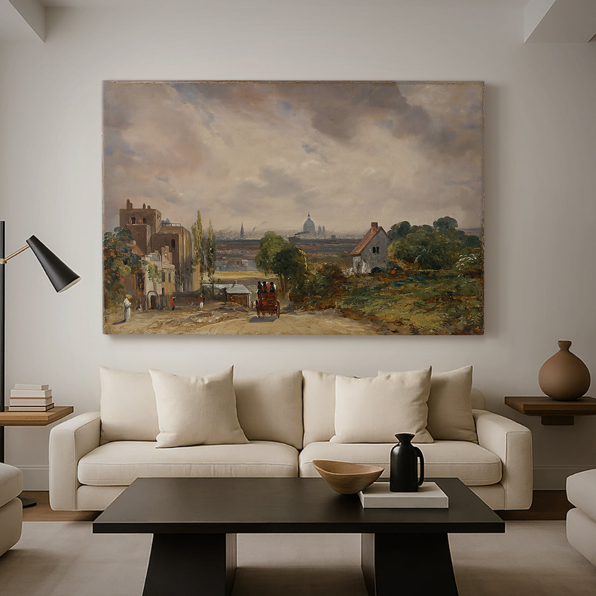 Canvas art print featuring a countryside scene with cottage, displayed in a spacious living room