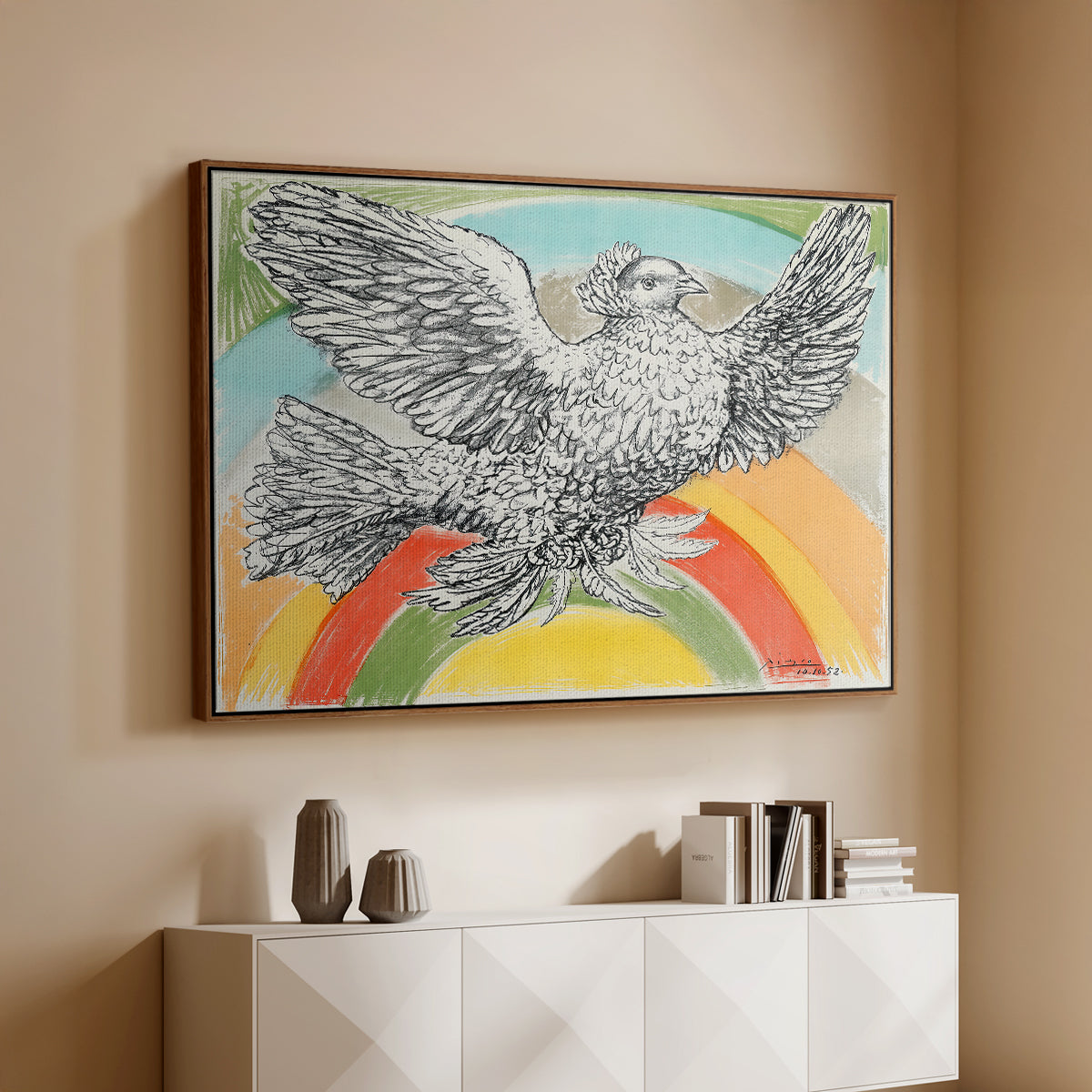 Flying Dove with Rainbow (Colombe volant à l'Arc-en-ciel), 1952 - Floater Framed Canvas Print