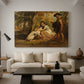 Canvas art print featuring an expressive depiction of dogs interacting in tense moment, displayed in a spacious living room