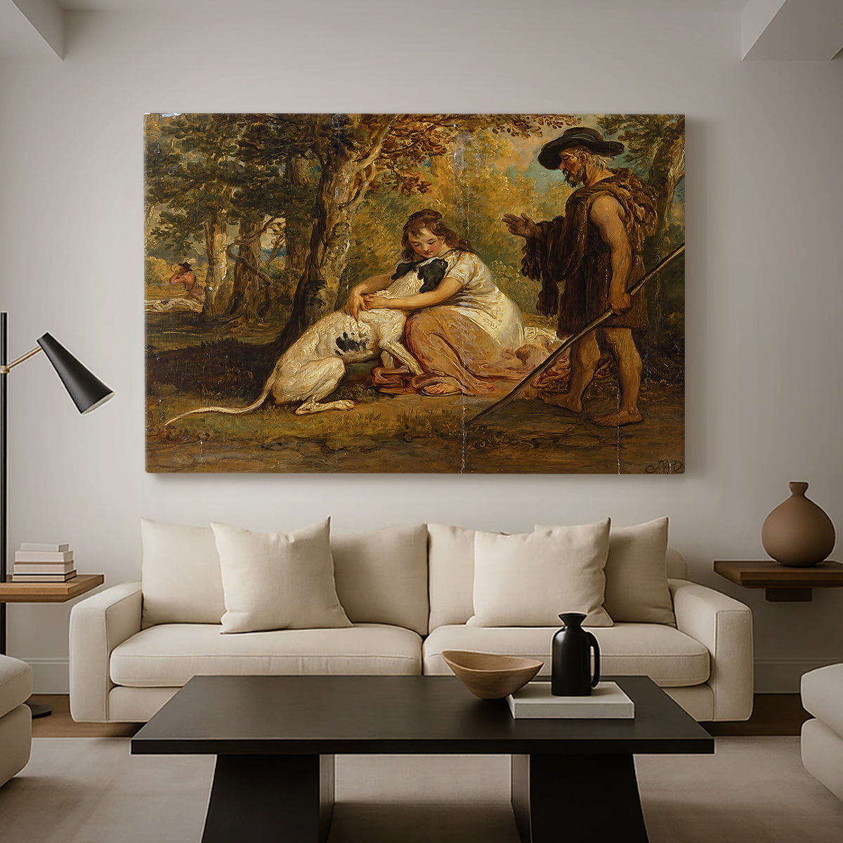 Canvas art print featuring an expressive depiction of dogs interacting in tense moment, displayed in a spacious living room