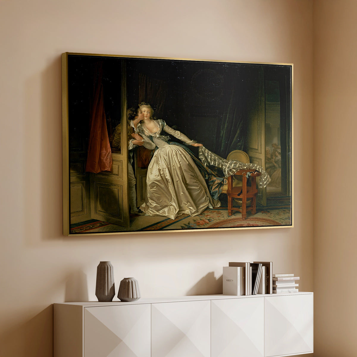 The Stolen Kiss (Le Baiser à la dérobée), c. 1788 - Floater Framed Canvas Print