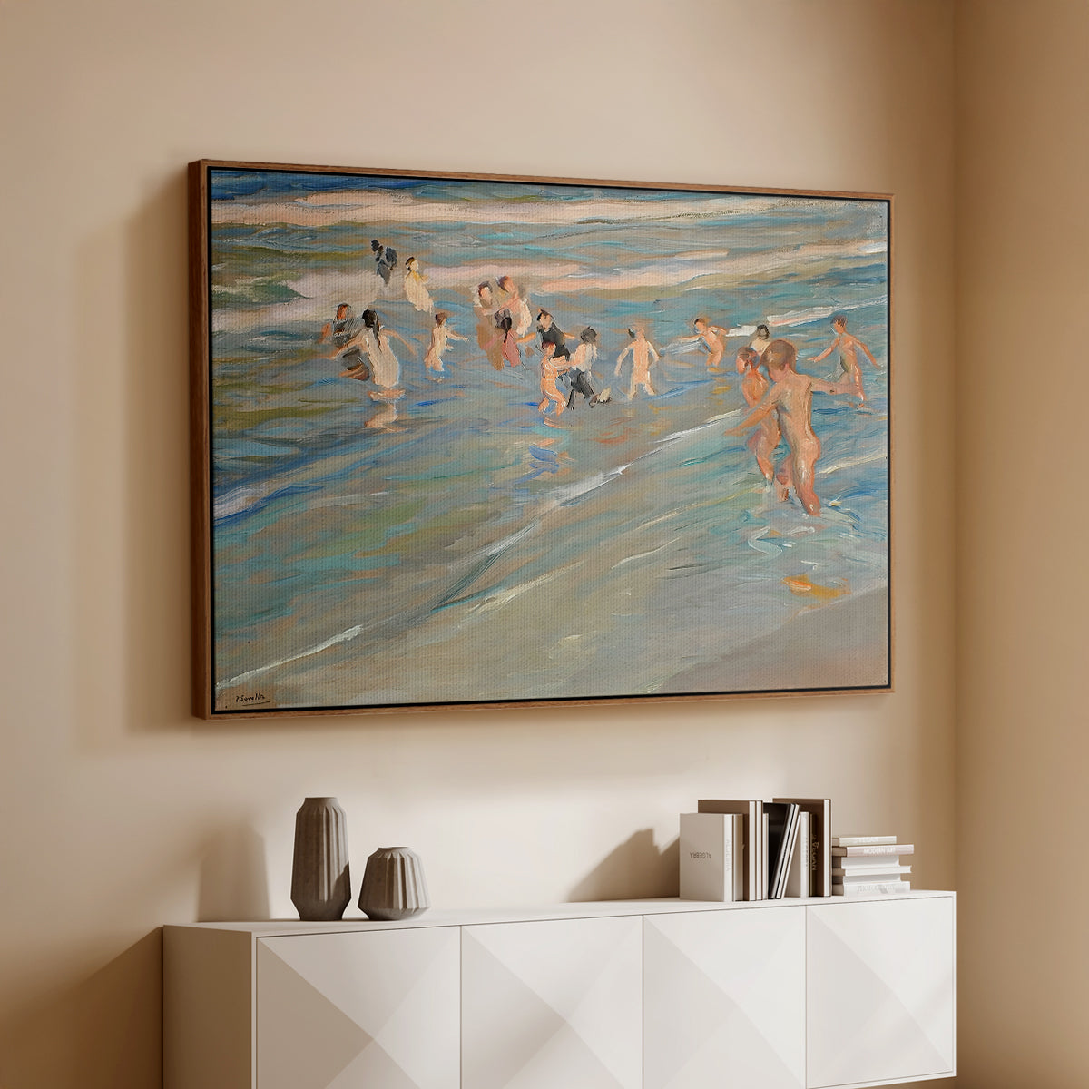 Children Playing on the Beach in Valencia, c. 1908 - Floater Framed Canvas Print