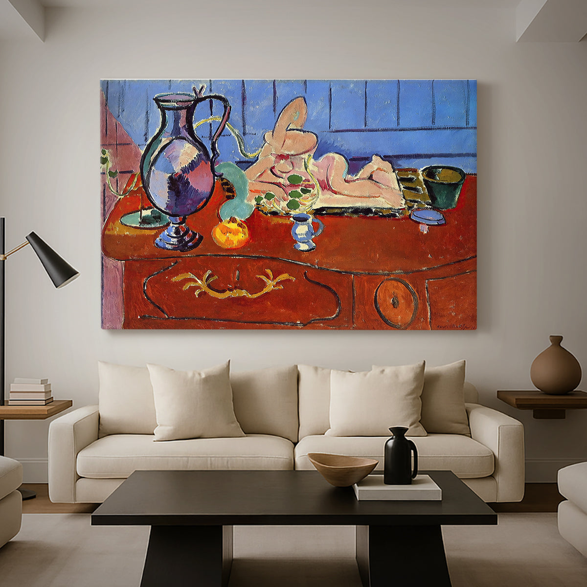 Canvas art print featuring a Fauvist tabletop still life with sculptural objects, displayed in a spacious living room