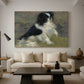 Canvas art print featuring a close-up of a small dog in motion surrounded by rippling water, displayed in a spacious living room