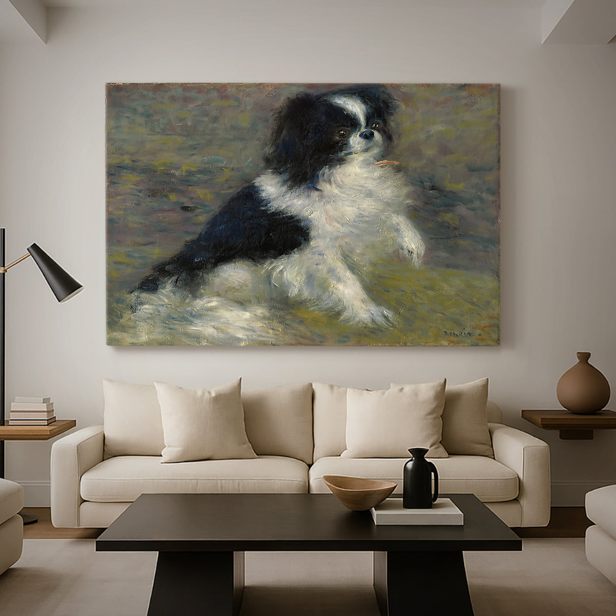 Canvas art print featuring a close-up of a small dog in motion surrounded by rippling water, displayed in a spacious living room