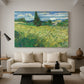 Canvas art print featuring a post-impressionist scene combining crops and dramatic sky, displayed in a spacious living room
